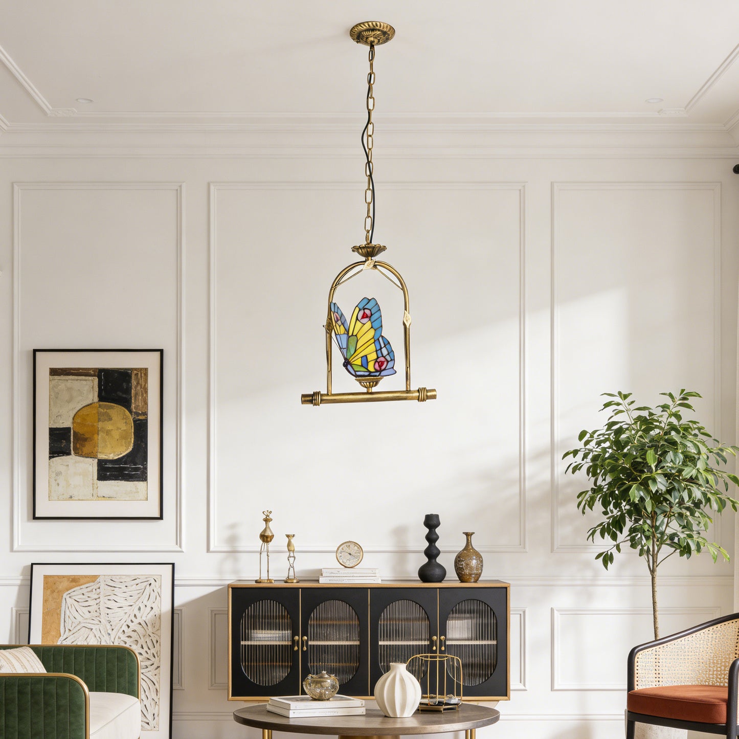 Butterfly Stained Glass Pendant Light - Antique Bronze E26 Pendant Lamp