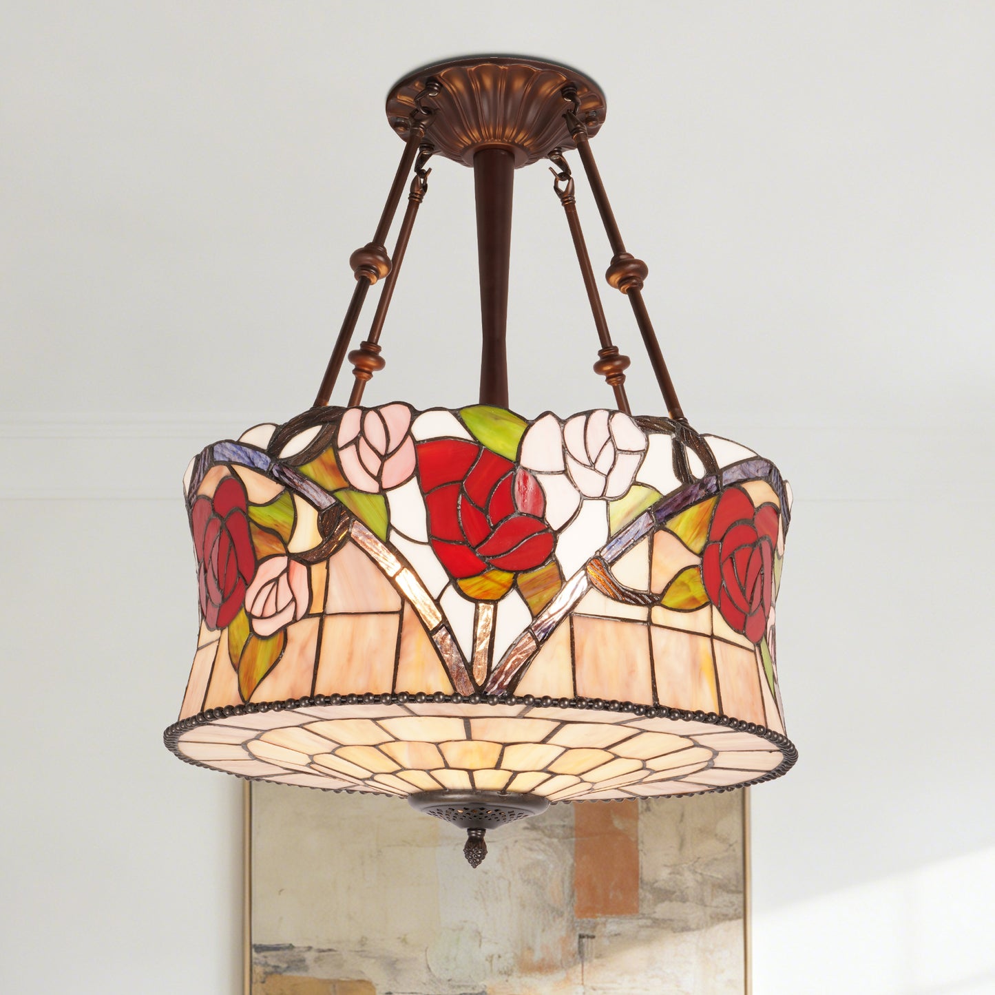 Stained Glass Semi Flush Mount Ceiling Light - Rose Pattern Vintage Ceiling Light Fixture, 5-Light E26 Stained Glass Pendant Light Alternative