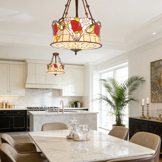 Stained Glass Semi Flush Mount Ceiling Light - Rose Pattern Vintage Ceiling Light Fixture, 5-Light E26 Stained Glass Pendant Light Alternative