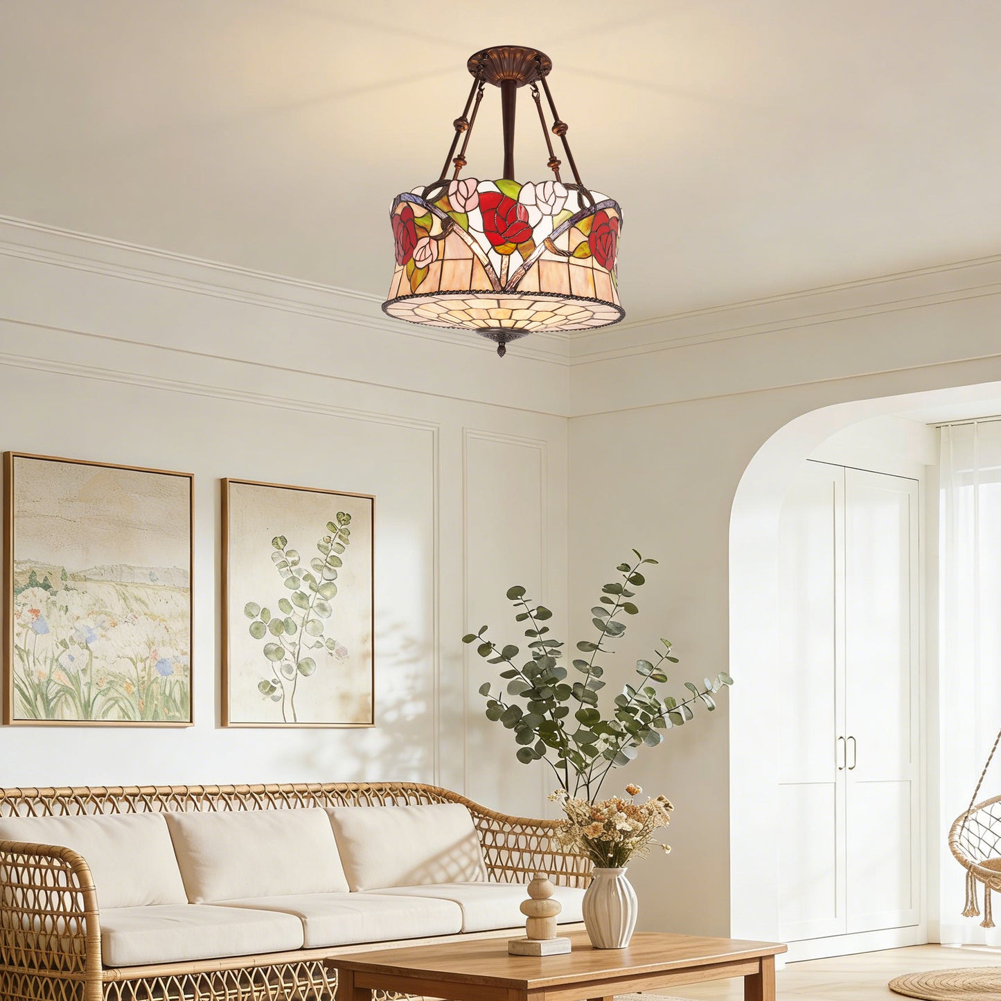 Stained Glass Semi Flush Mount Ceiling Light - Rose Pattern Vintage Ceiling Light Fixture, 5-Light E26 Stained Glass Pendant Light Alternative