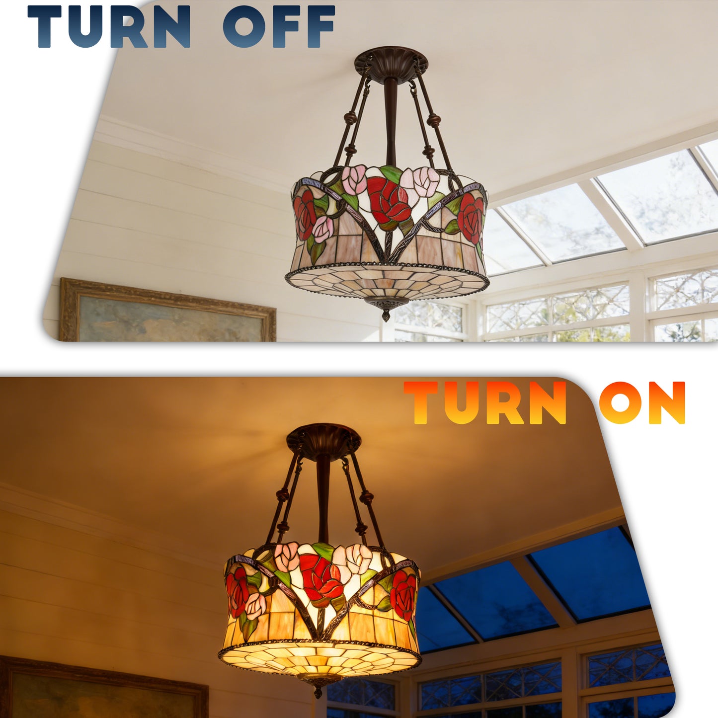 Stained Glass Semi Flush Mount Ceiling Light - Rose Pattern Vintage Ceiling Light Fixture, 5-Light E26 Stained Glass Pendant Light Alternative