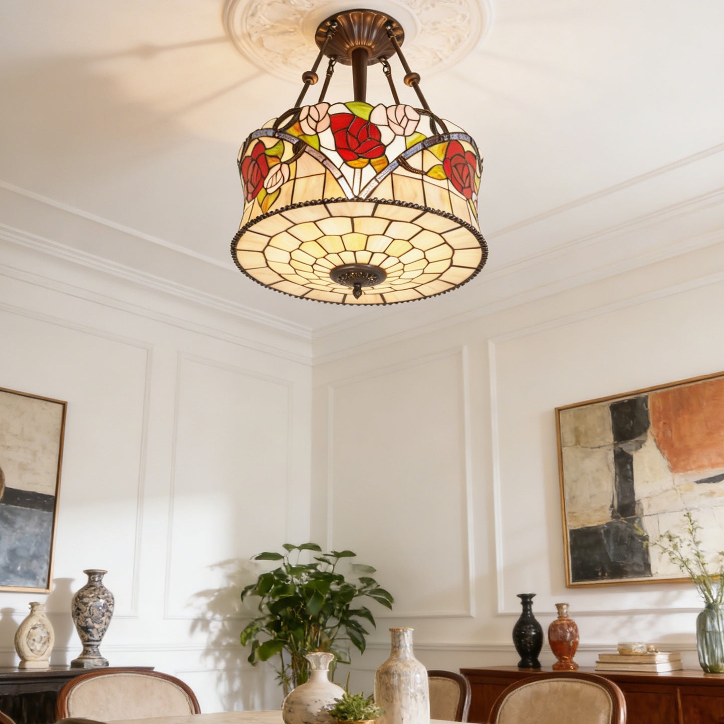 Stained Glass Semi Flush Mount Ceiling Light - Rose Pattern Vintage Ceiling Light Fixture, 5-Light E26 Stained Glass Pendant Light Alternative