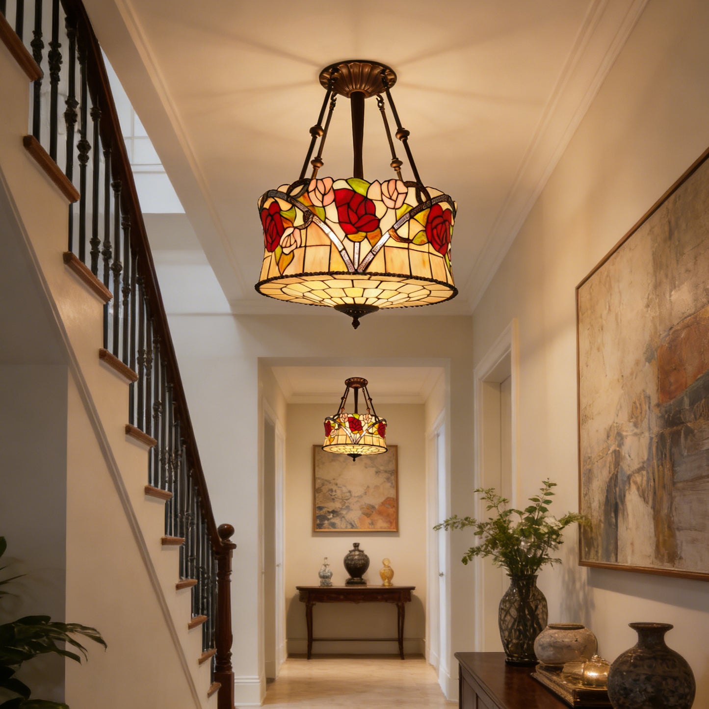 Stained Glass Semi Flush Mount Ceiling Light - Rose Pattern Vintage Ceiling Light Fixture, 5-Light E26 Stained Glass Pendant Light Alternative