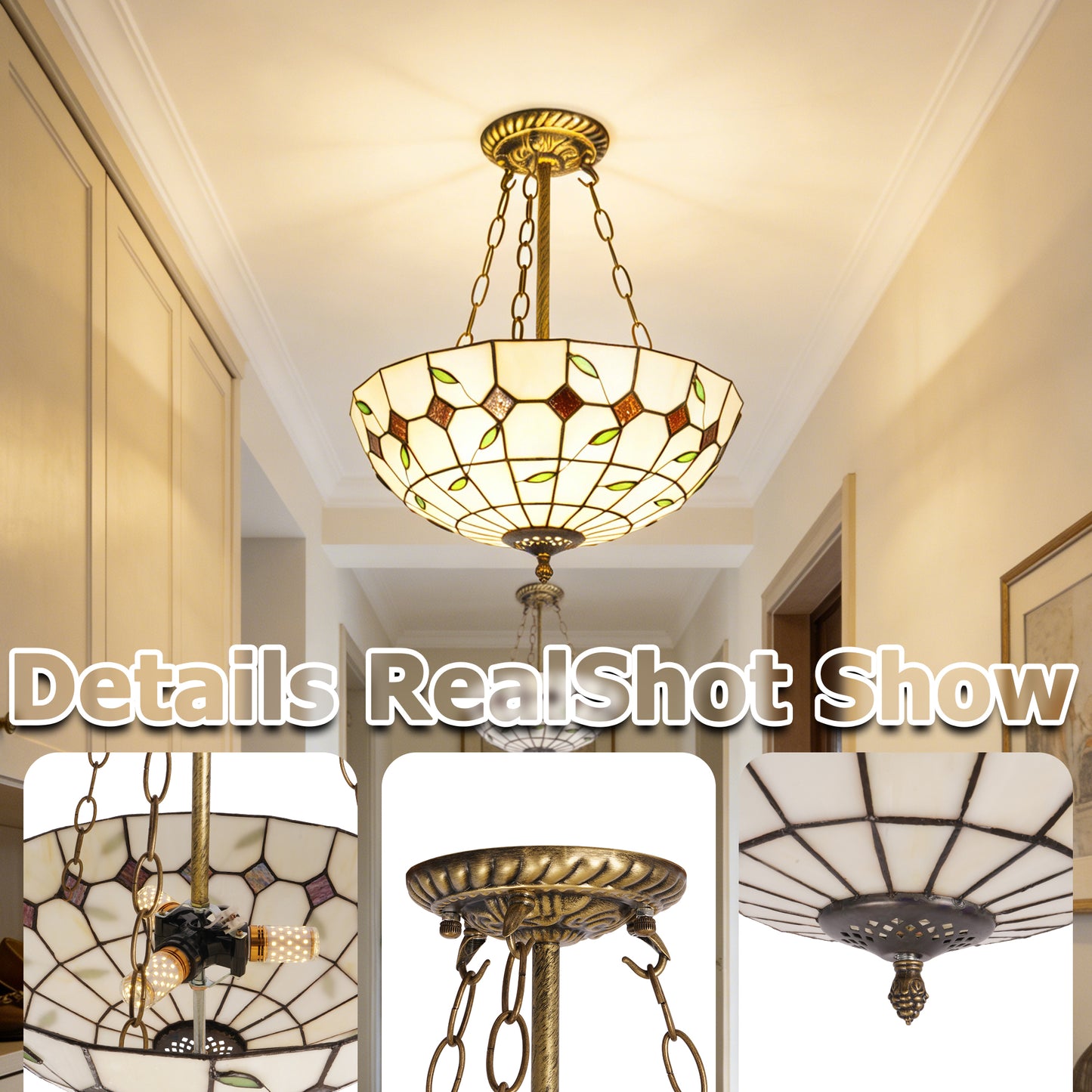 Vintage Stained Glass Semi Flush Mount Ceiling Light | Handcrafted Leaf Pattern Ceiling Lamp