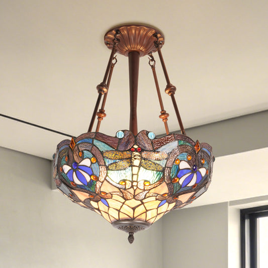 Dragonfly Stained Glass Semi-Flush Mount Chandelier - Coffee Brown 3-Light E26 Pendant Light