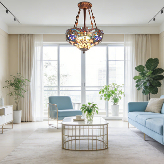 Dragonfly Stained Glass Semi-Flush Mount Chandelier - Coffee Brown 3-Light E26 Pendant Light