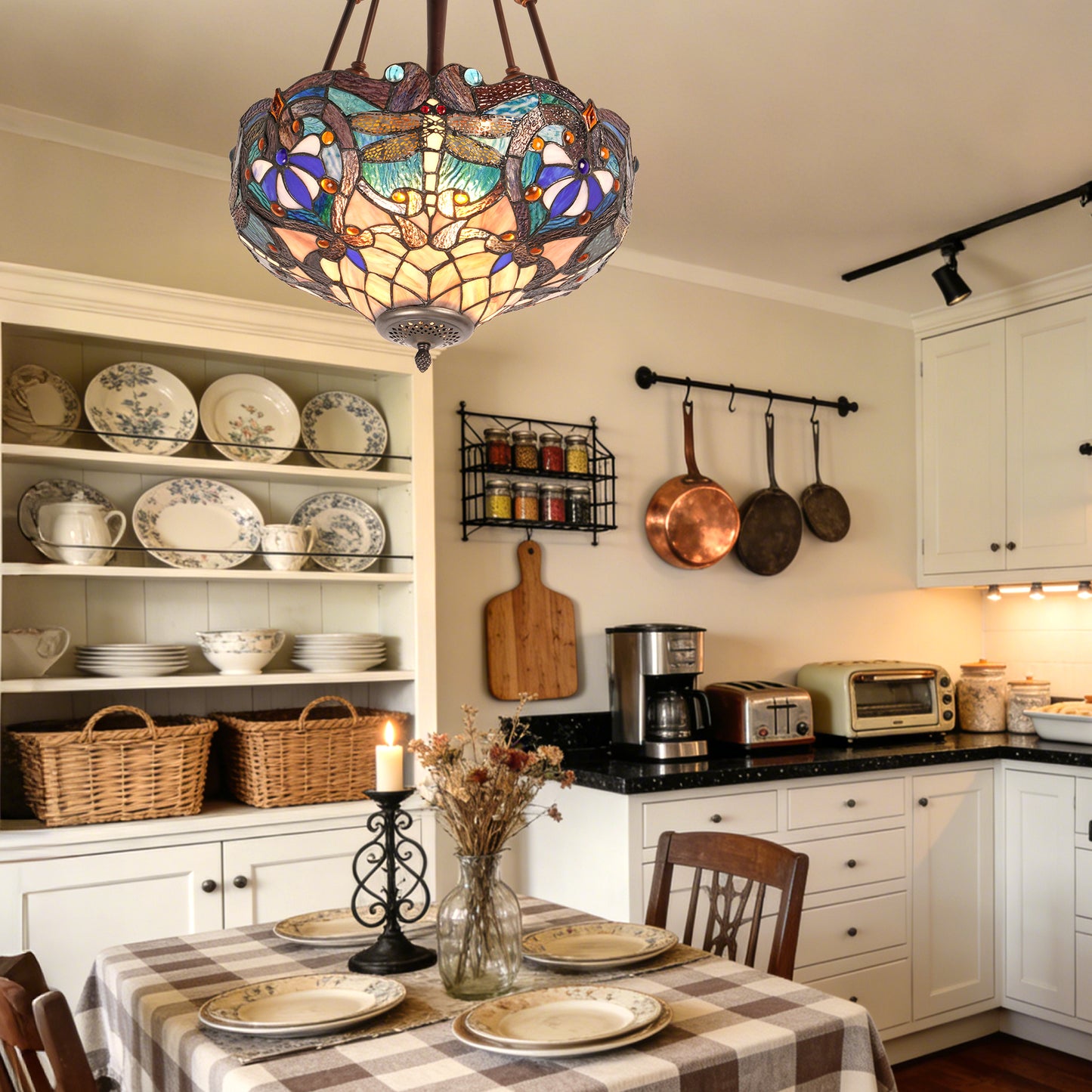 Dragonfly Stained Glass Semi-Flush Mount Chandelier - Coffee Brown 3-Light E26 Pendant Light