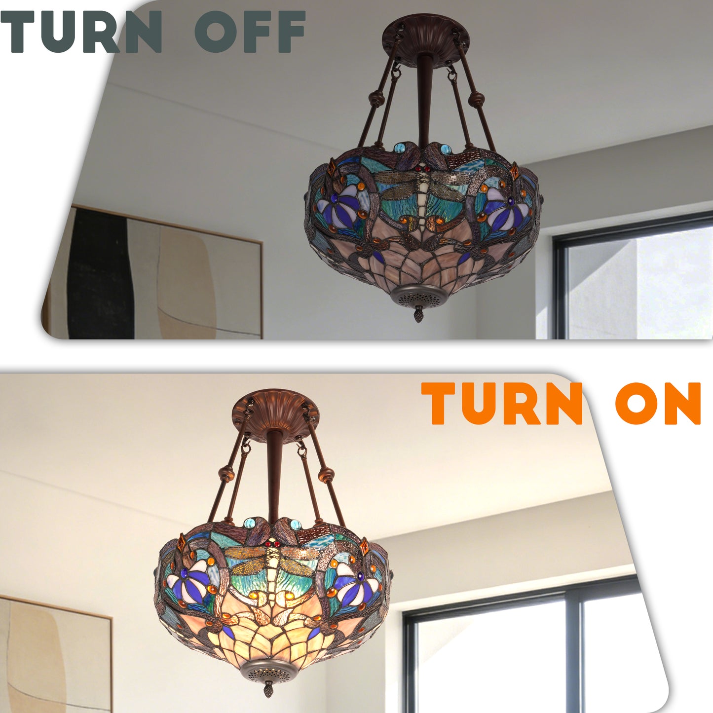 Dragonfly Stained Glass Semi-Flush Mount Chandelier - Coffee Brown 3-Light E26 Pendant Light
