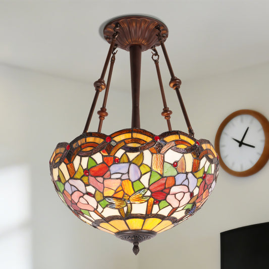 Flower & Dragonfly Stained Glass Semi-Flush Mount Chandelier - Antique Bronze 3-Light E26 Pendant Light