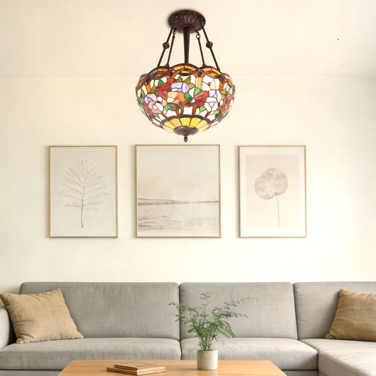 Flower & Dragonfly Stained Glass Semi-Flush Mount Chandelier - Antique Bronze 3-Light E26 Pendant Light