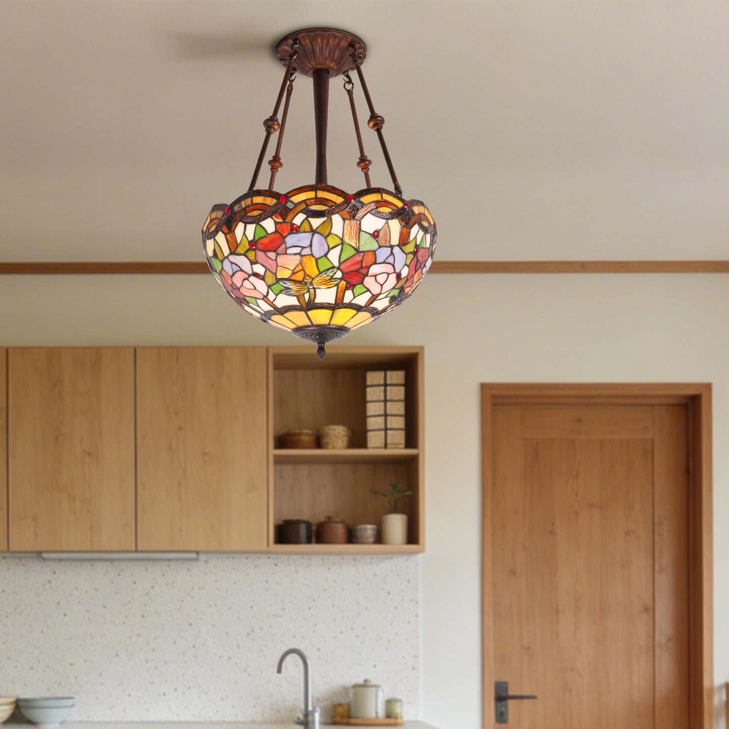 Flower & Dragonfly Stained Glass Semi-Flush Mount Chandelier - Antique Bronze 3-Light E26 Pendant Light