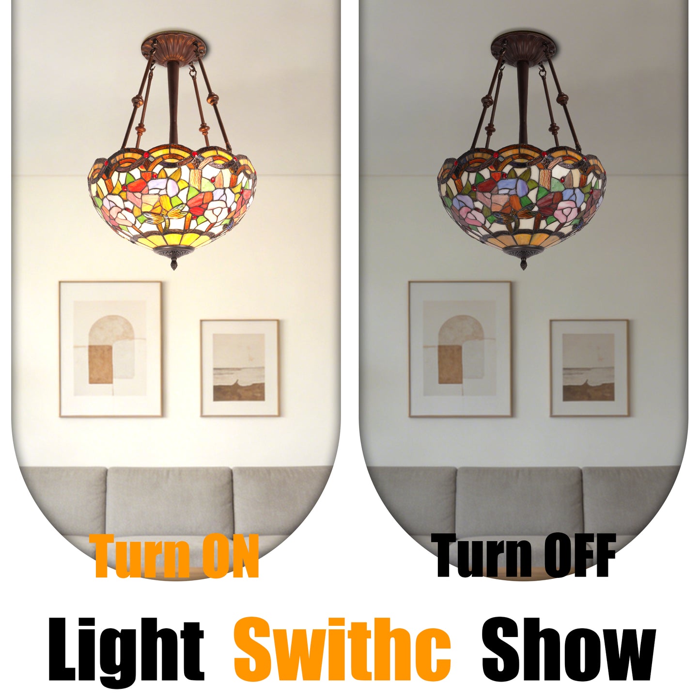 Flower & Dragonfly Stained Glass Semi-Flush Mount Chandelier - Antique Bronze 3-Light E26 Pendant Light