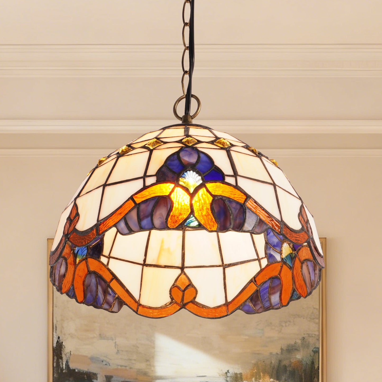 Stained Glass Vintage Style Pendant Light, 11.8 Inch Hanging Lamp with E26 Base, Bronze Finish Ceiling Pendant Lighting