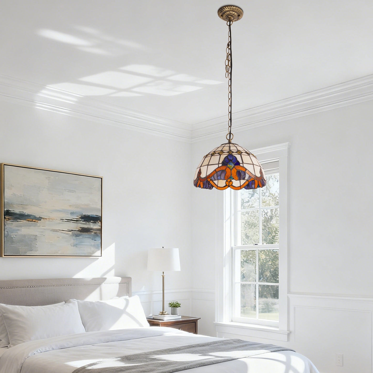 Stained Glass Vintage Style Pendant Light, 11.8 Inch Hanging Lamp with E26 Base, Bronze Finish Ceiling Pendant Lighting