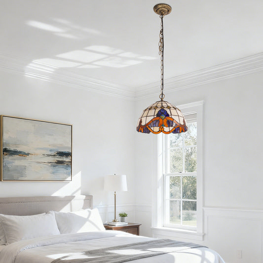Stained Glass Vintage Style Pendant Light, 11.8 Inch Hanging Lamp with E26 Base, Bronze Finish Ceiling Pendant Lighting