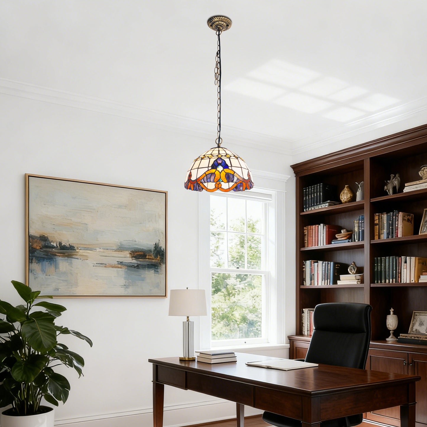 Stained Glass Vintage Style Pendant Light, 11.8 Inch Hanging Lamp with E26 Base, Bronze Finish Ceiling Pendant Lighting
