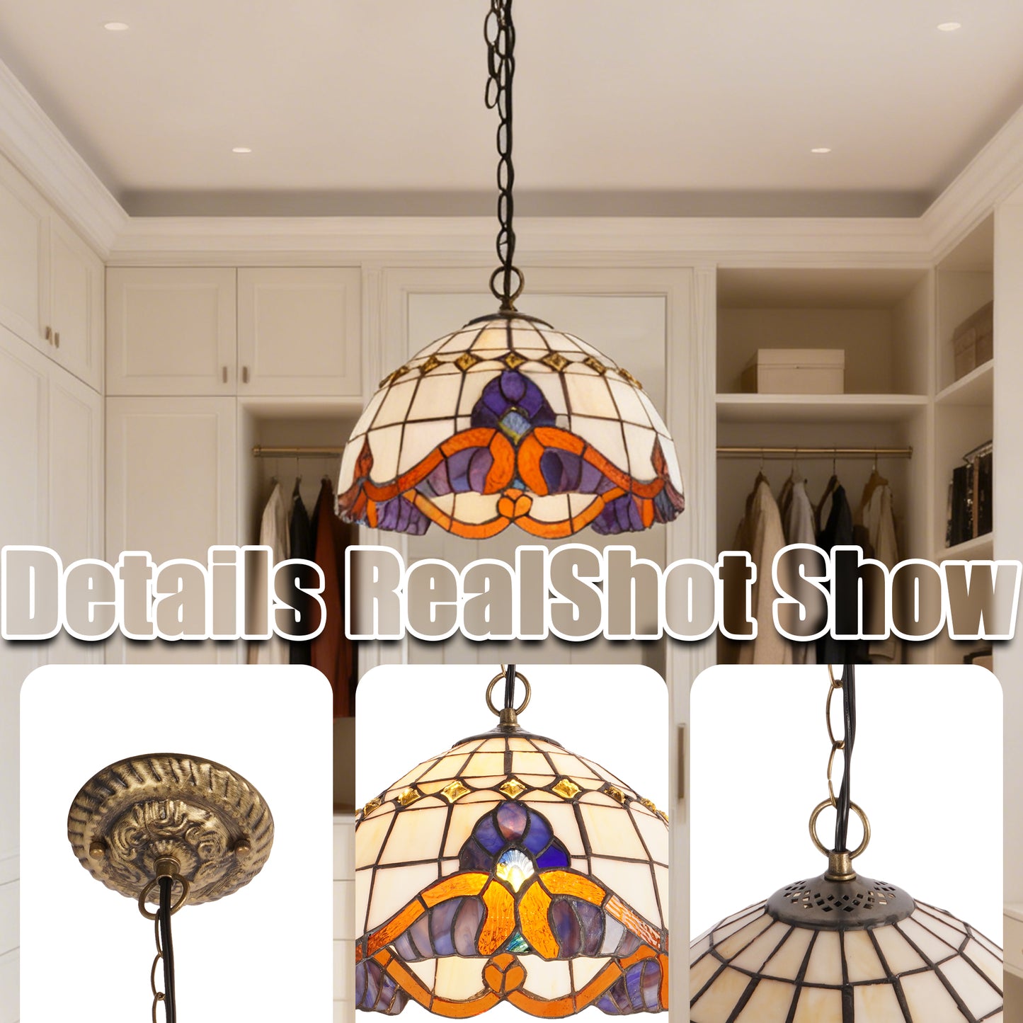 Stained Glass Vintage Style Pendant Light, 11.8 Inch Hanging Lamp with E26 Base, Bronze Finish Ceiling Pendant Lighting