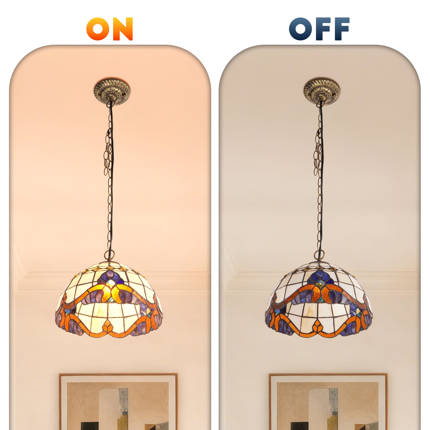 Stained Glass Vintage Style Pendant Light, 11.8 Inch Hanging Lamp with E26 Base, Bronze Finish Ceiling Pendant Lighting