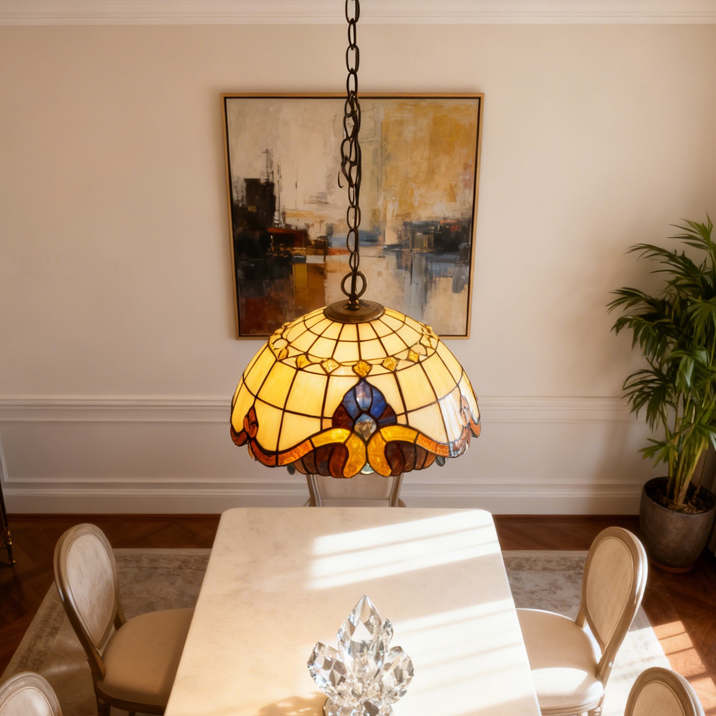 Stained Glass Vintage Style Pendant Light, 11.8 Inch Hanging Lamp with E26 Base, Bronze Finish Ceiling Pendant Lighting