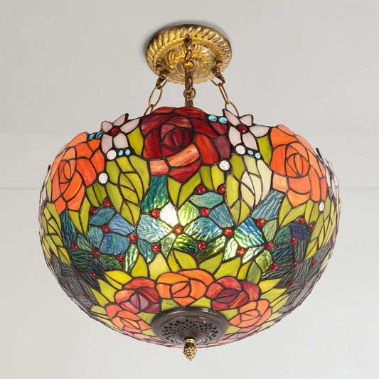Rose Stained Glass Semi-Flush Mount Chandelier - 3-Light E26 Pendant Light