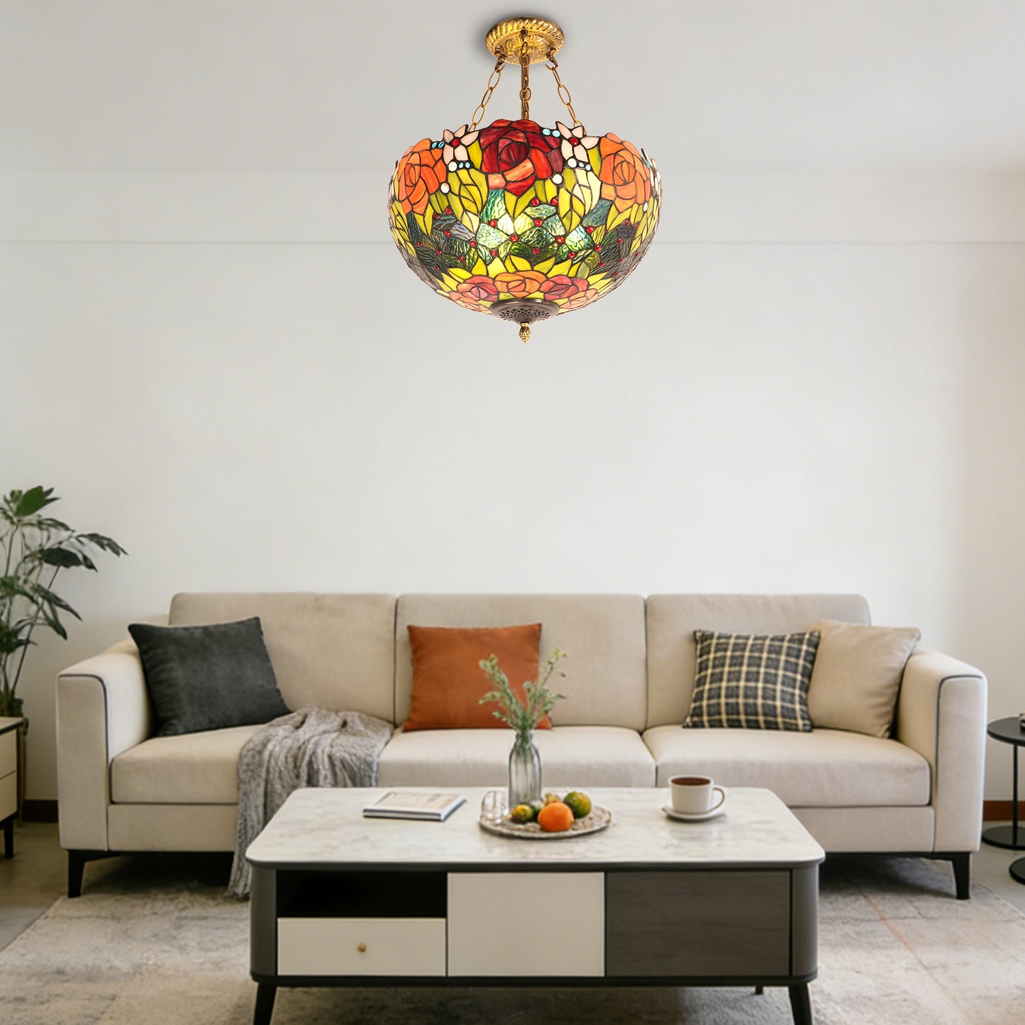 Rose Stained Glass Semi-Flush Mount Chandelier - 3-Light E26 Pendant Light
