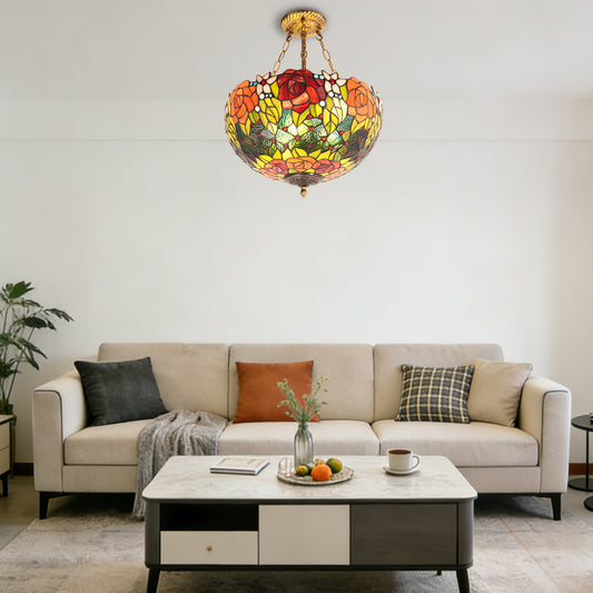 Rose Stained Glass Semi-Flush Mount Chandelier - 3-Light E26 Pendant Light