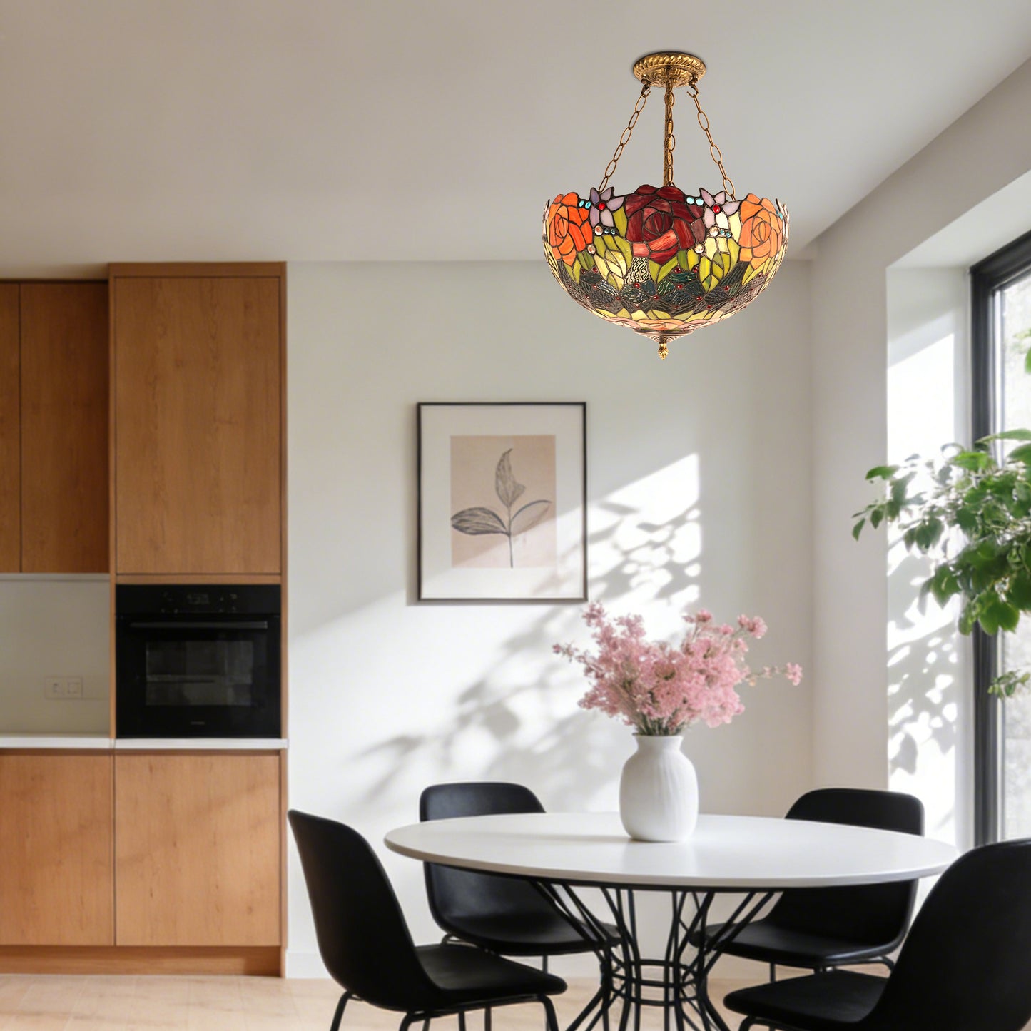 Rose Stained Glass Semi-Flush Mount Chandelier - 3-Light E26 Pendant Light