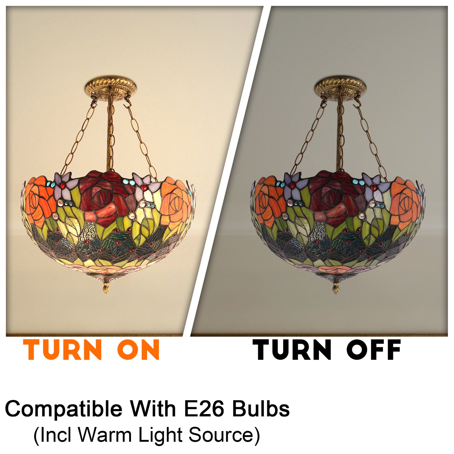 Rose Stained Glass Semi-Flush Mount Chandelier - 3-Light E26 Pendant Light