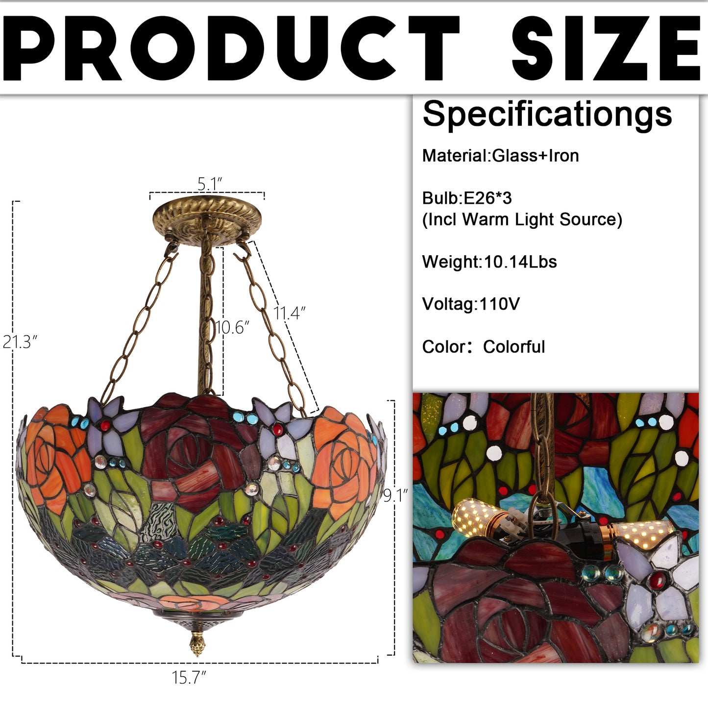 Rose Stained Glass Semi-Flush Mount Chandelier - 3-Light E26 Pendant Light