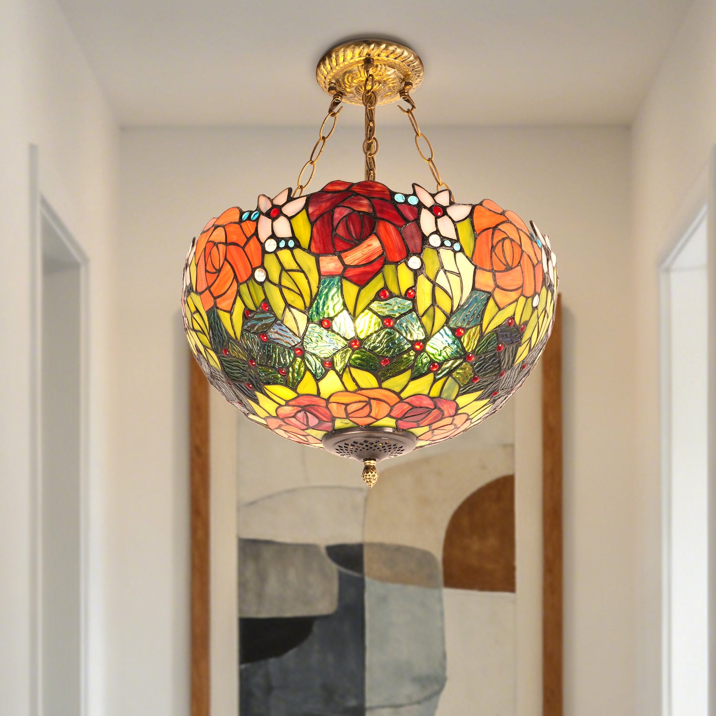 Rose Stained Glass Semi-Flush Mount Chandelier - 3-Light E26 Pendant Light