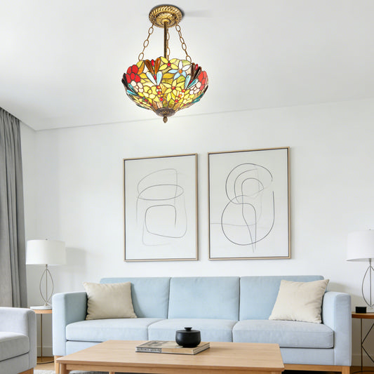 Floral Stained Glass Semi-Flush Mount Chandelier - Gold 2-Light E26 Pendant Light