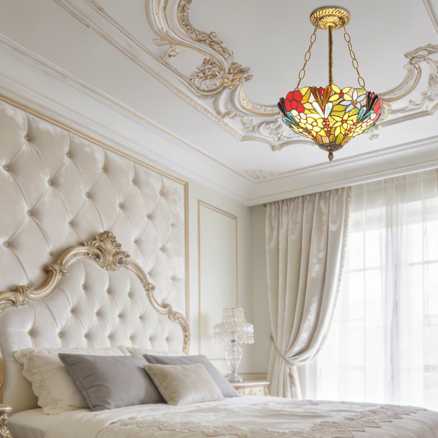 Floral Stained Glass Semi-Flush Mount Chandelier - Gold 2-Light E26 Pendant Light