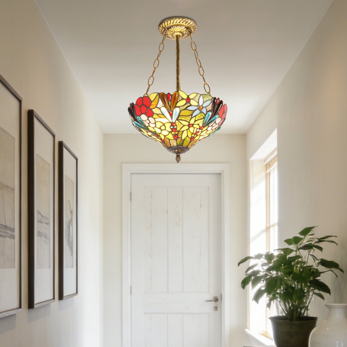 Floral Stained Glass Semi-Flush Mount Chandelier - Gold 2-Light E26 Pendant Light