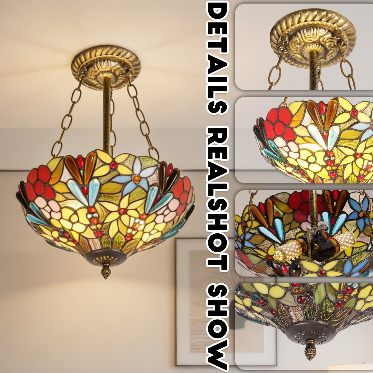 Floral Stained Glass Semi-Flush Mount Chandelier - Gold 2-Light E26 Pendant Light