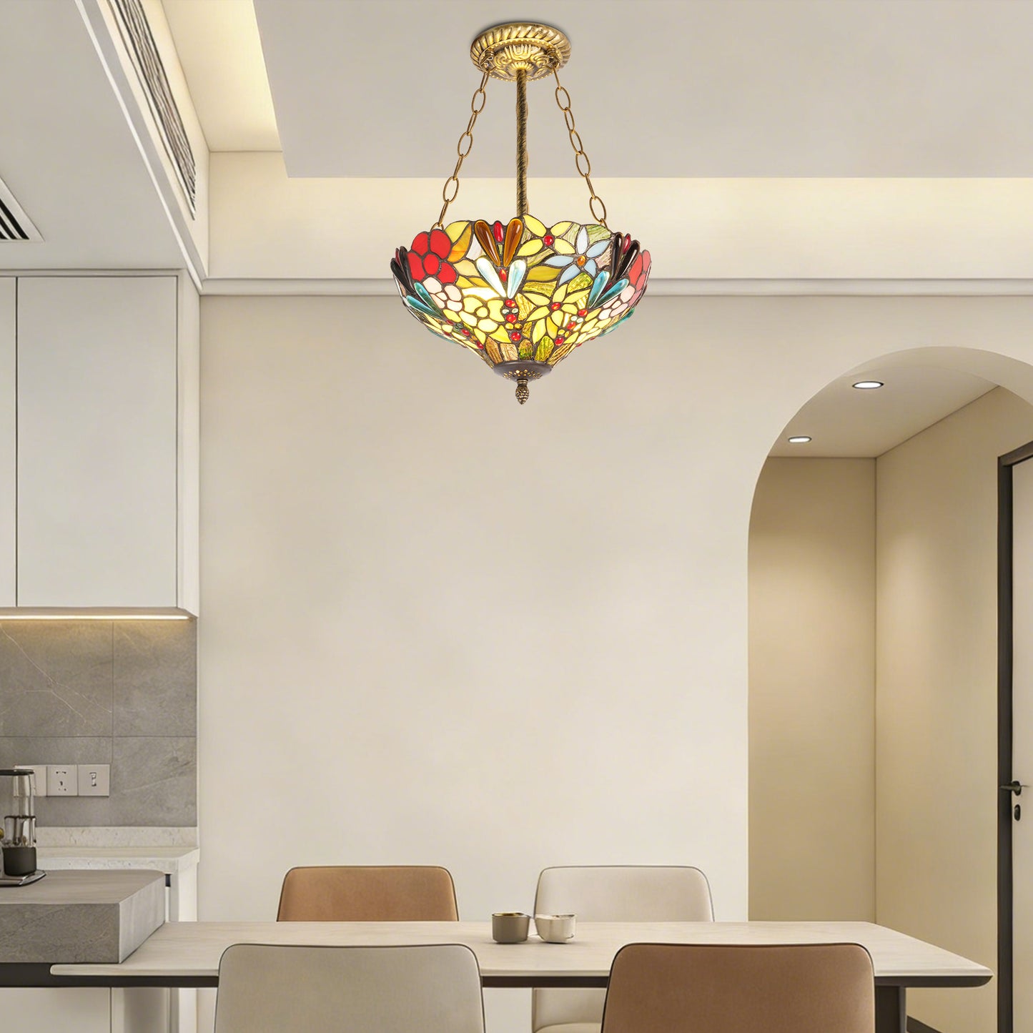 Floral Stained Glass Semi-Flush Mount Chandelier - Gold 2-Light E26 Pendant Light