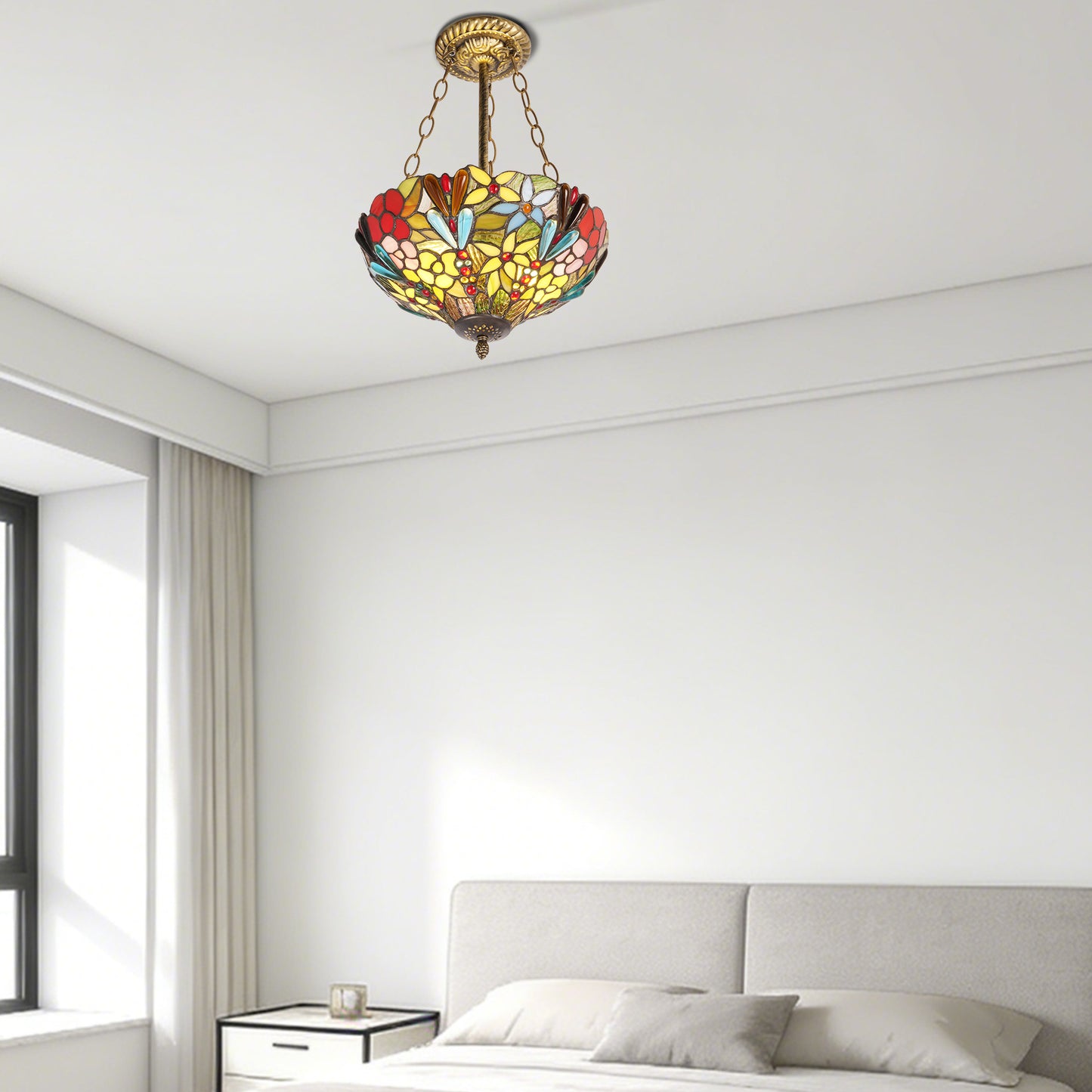 Floral Stained Glass Semi-Flush Mount Chandelier - Gold 2-Light E26 Pendant Light