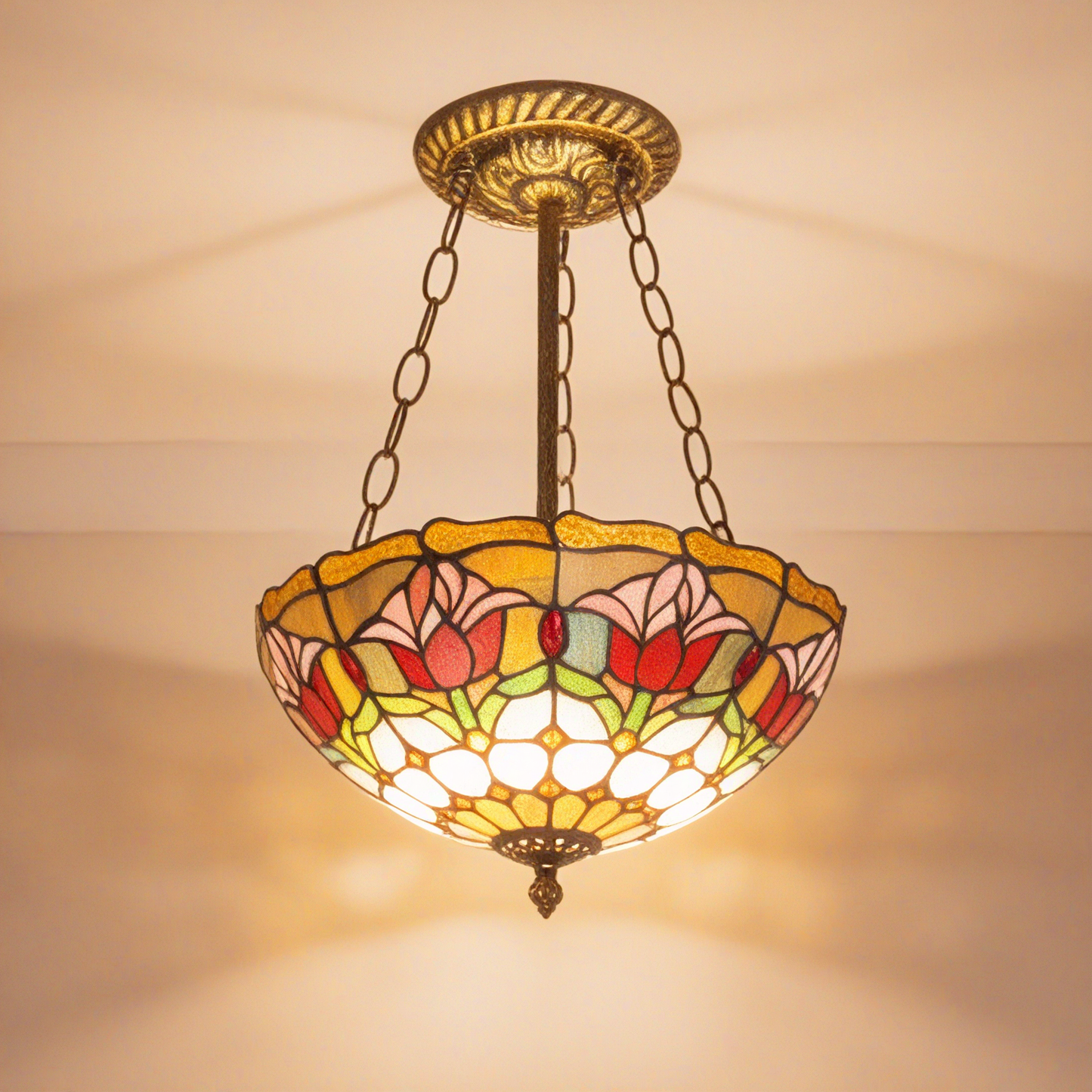 Tulip Stained Glass Semi-Flush Mount Chandelier - Gold 2-Light E26 Pendant Light