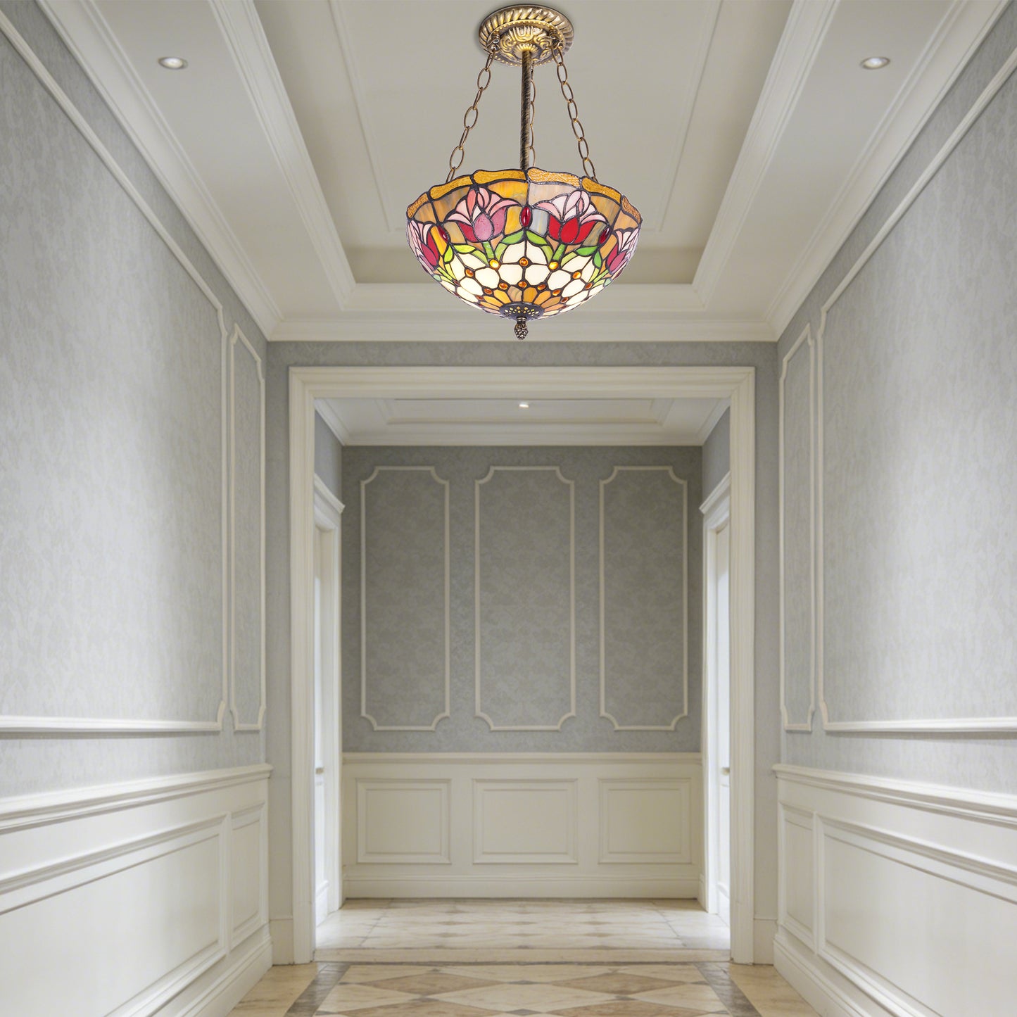 Tulip Stained Glass Semi-Flush Mount Chandelier - Gold 2-Light E26 Pendant Light