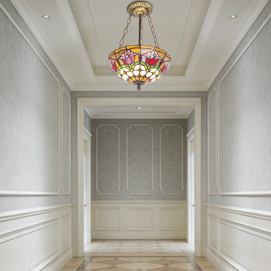 Tulip Stained Glass Semi-Flush Mount Chandelier - Gold 2-Light E26 Pendant Light