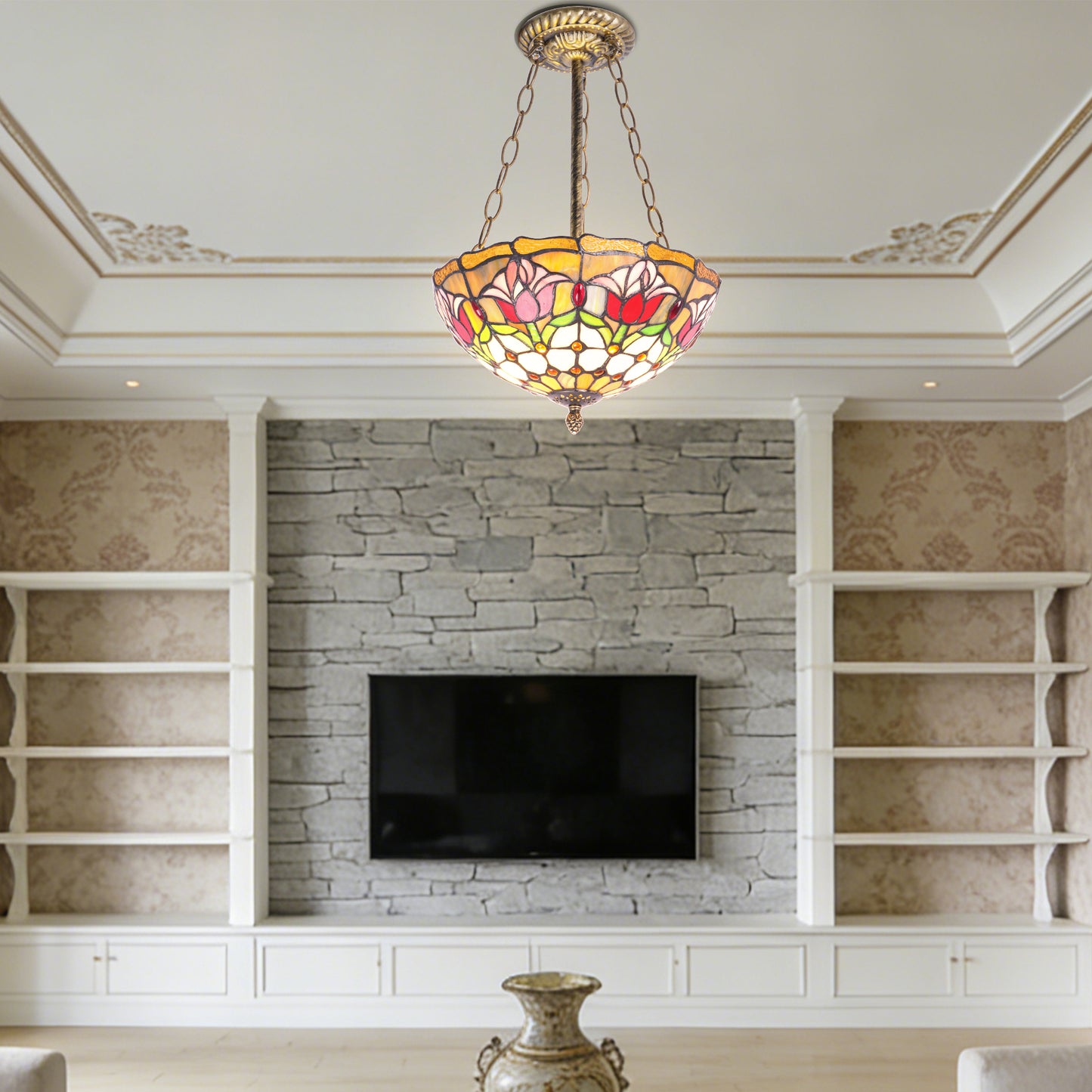 Tulip Stained Glass Semi-Flush Mount Chandelier - Gold 2-Light E26 Pendant Light
