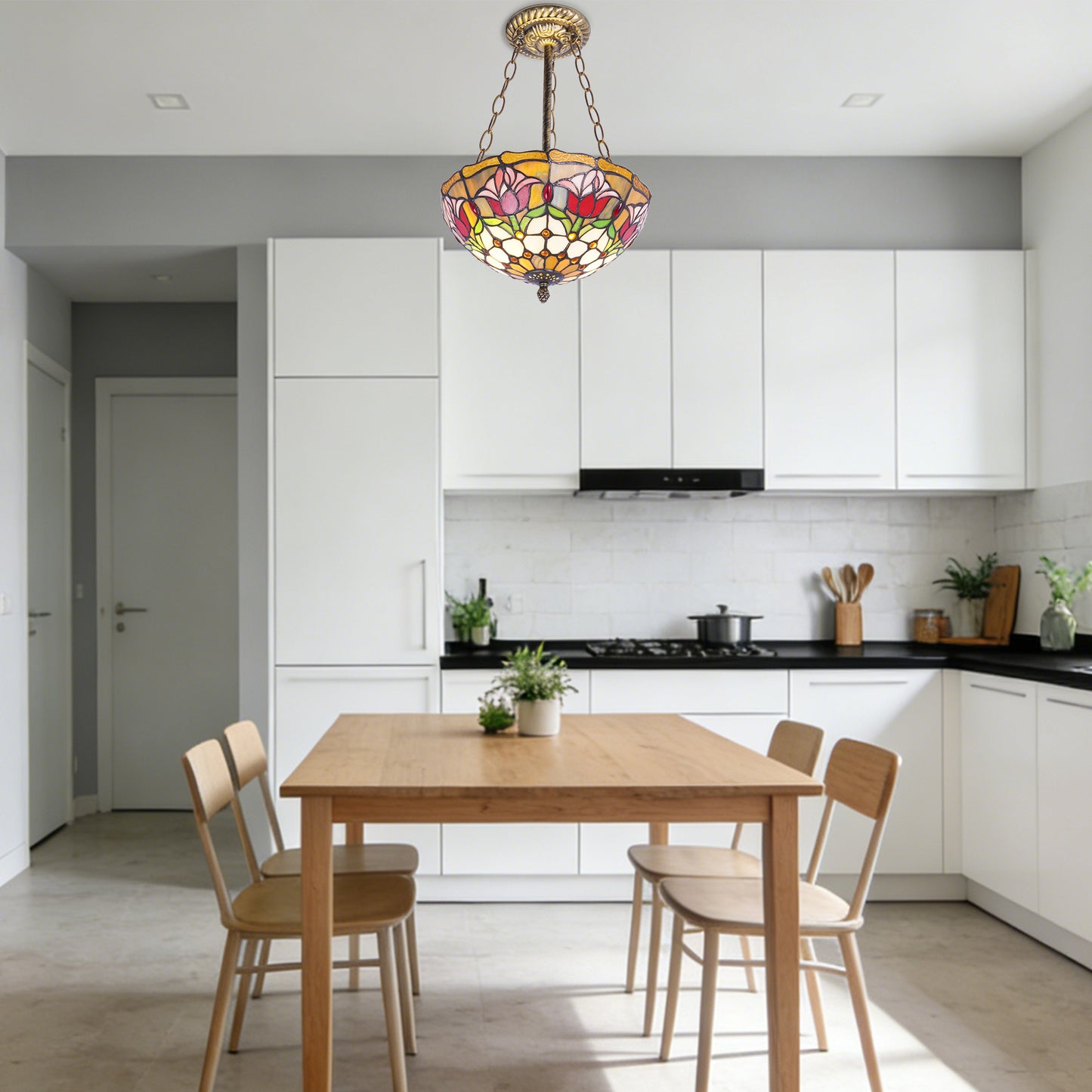 Tulip Stained Glass Semi-Flush Mount Chandelier - Gold 2-Light E26 Pendant Light