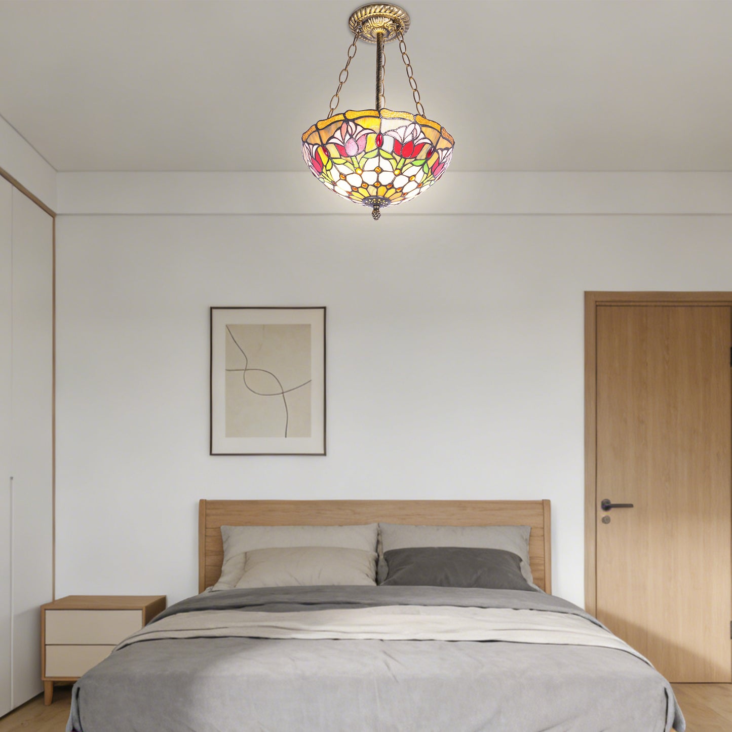 Tulip Stained Glass Semi-Flush Mount Chandelier - Gold 2-Light E26 Pendant Light