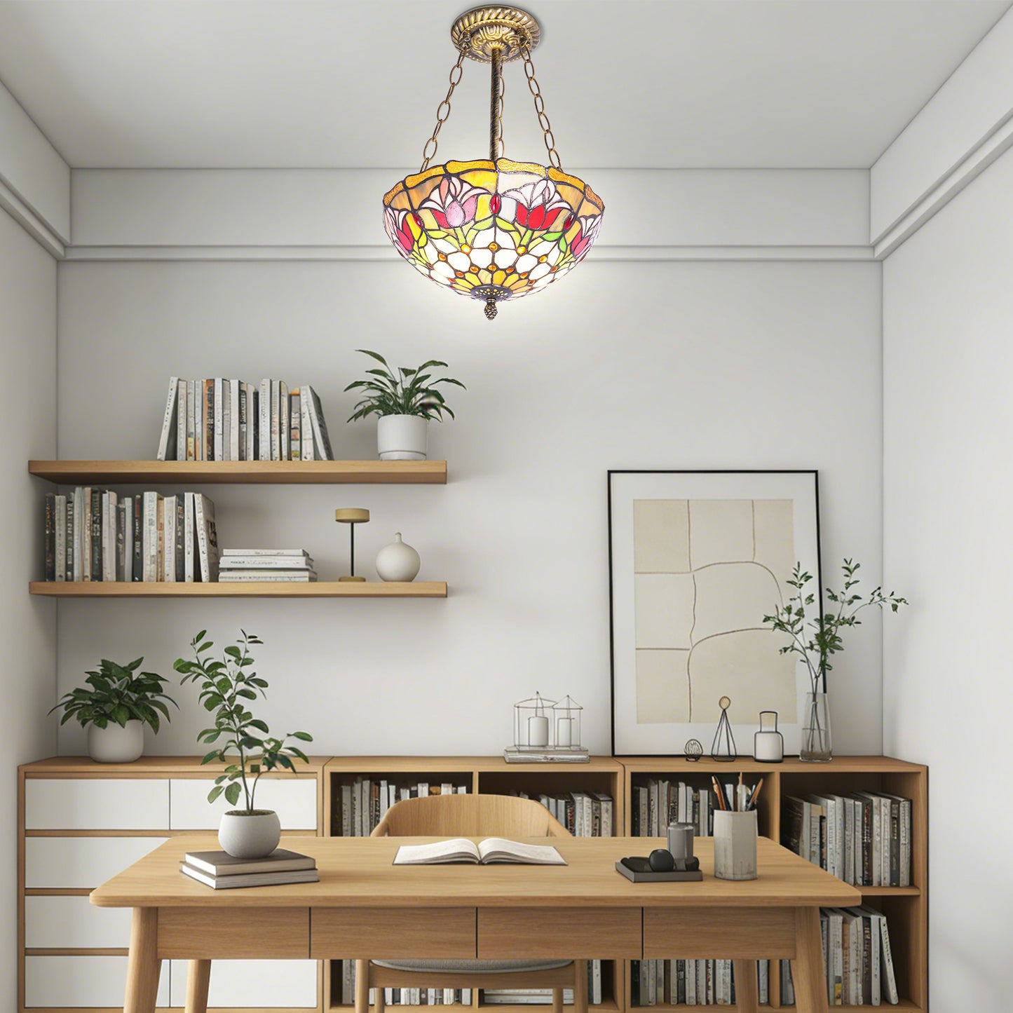 Tulip Stained Glass Semi-Flush Mount Chandelier - Gold 2-Light E26 Pendant Light