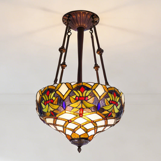Stained Glass Pendant Light Handcrafted 3-Light E26 Base 15.8 Inch Ceiling Hanging Lamp