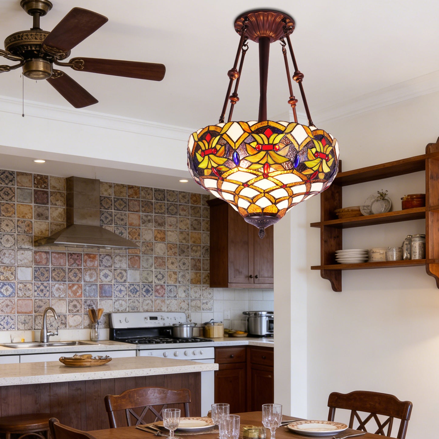 Stained Glass Pendant Light Handcrafted 3-Light E26 Base 15.8 Inch Ceiling Hanging Lamp