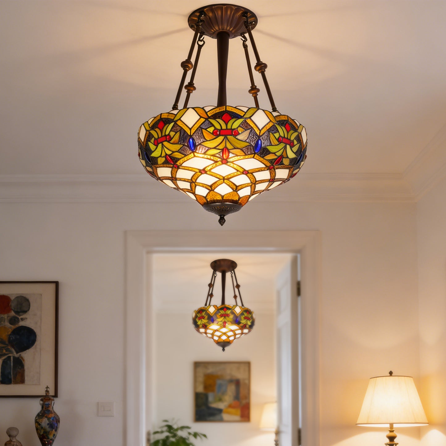 Stained Glass Pendant Light Handcrafted 3-Light E26 Base 15.8 Inch Ceiling Hanging Lamp