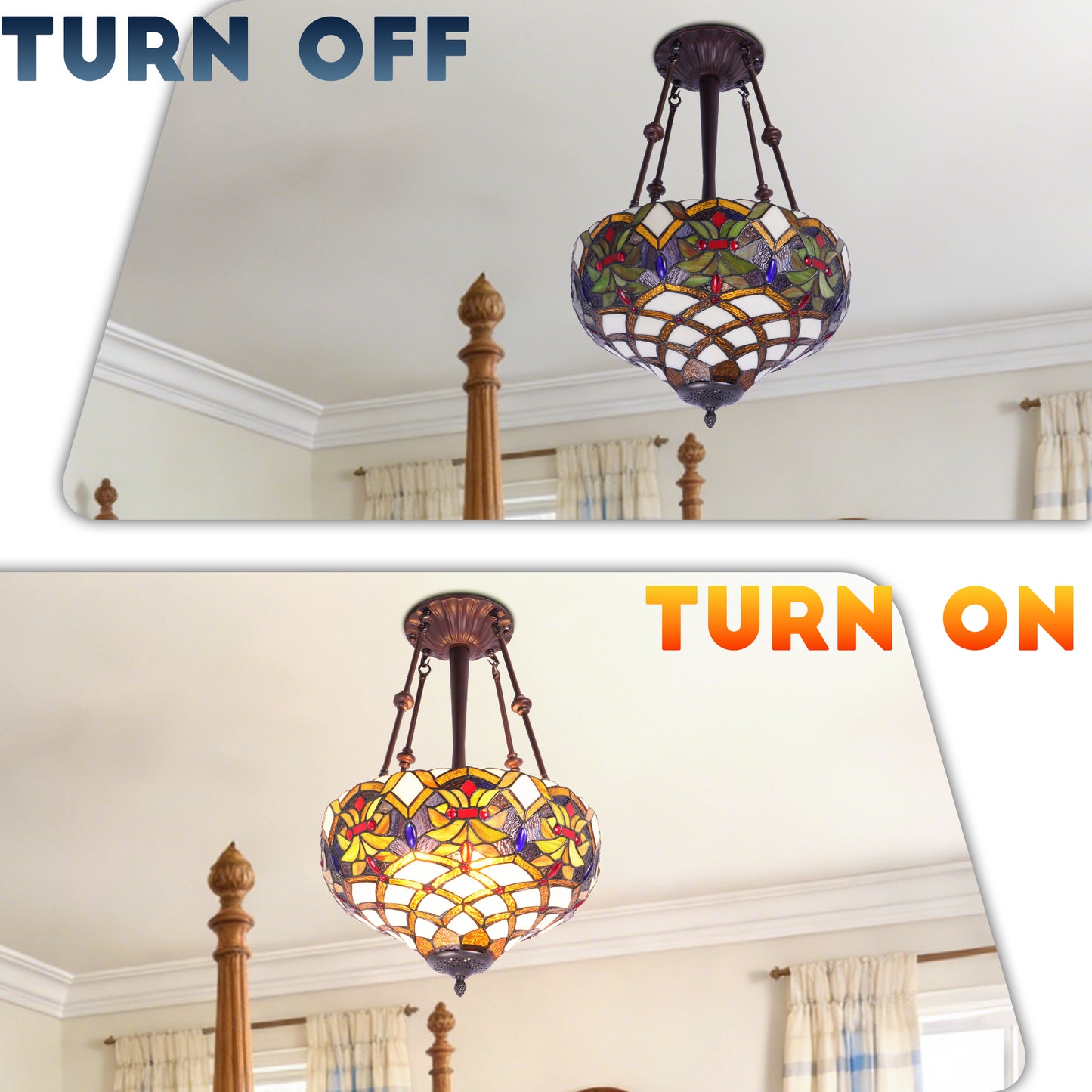 Stained Glass Pendant Light Handcrafted 3-Light E26 Base 15.8 Inch Ceiling Hanging Lamp