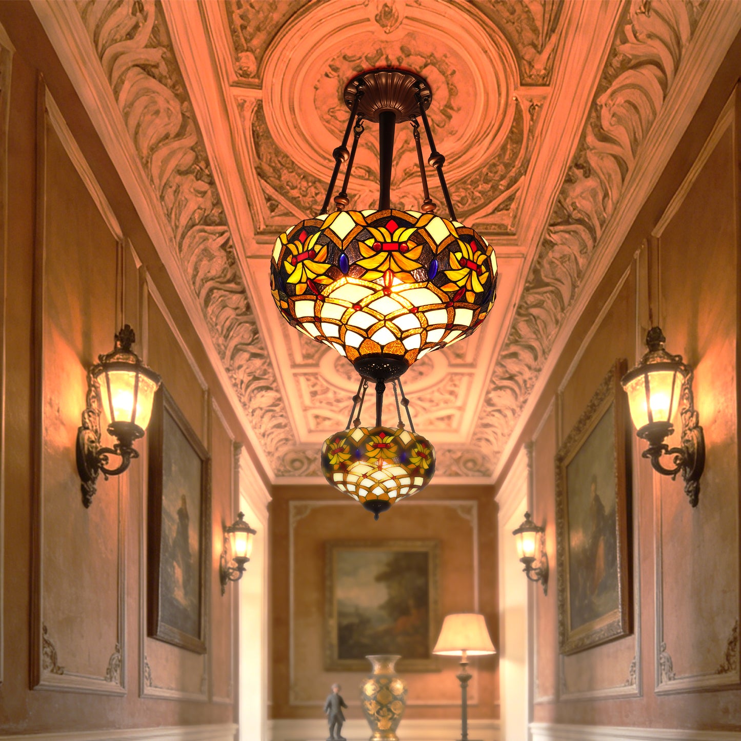 Stained Glass Pendant Light Handcrafted 3-Light E26 Base 15.8 Inch Ceiling Hanging Lamp