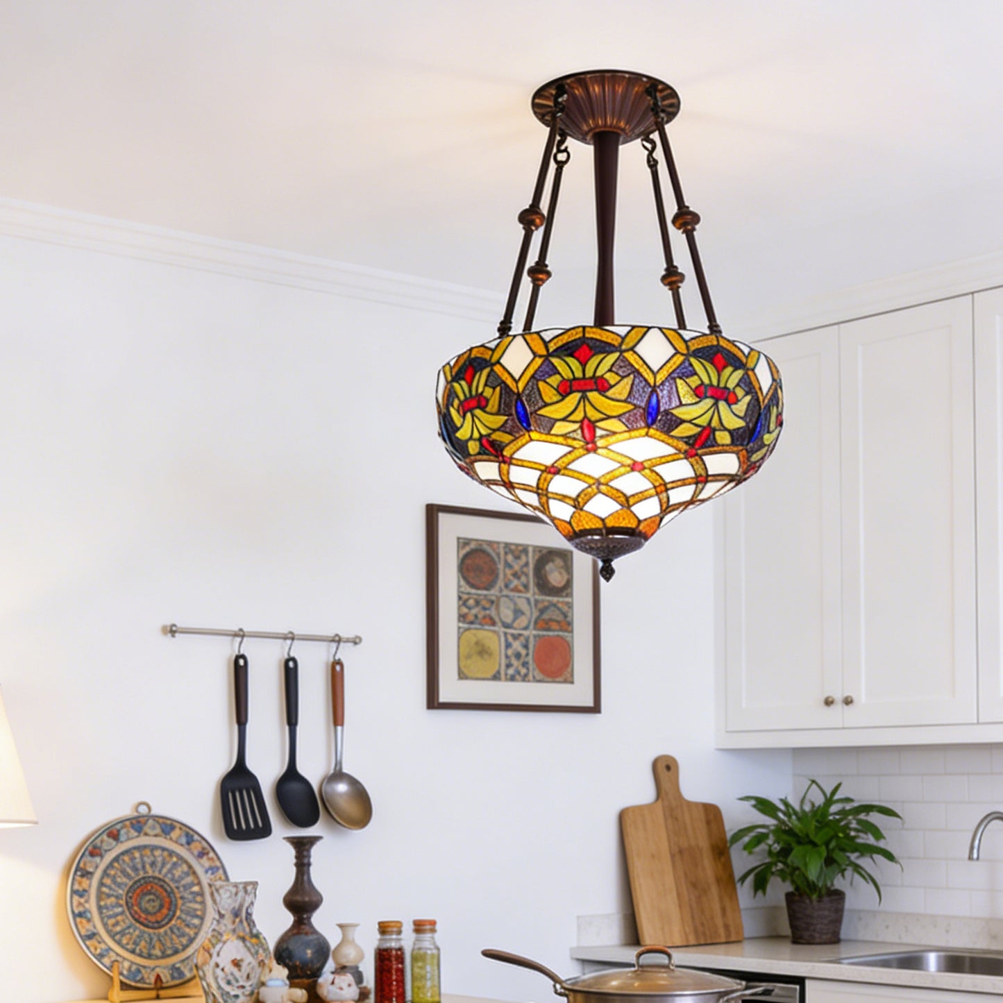 Stained Glass Pendant Light Handcrafted 3-Light E26 Base 15.8 Inch Ceiling Hanging Lamp