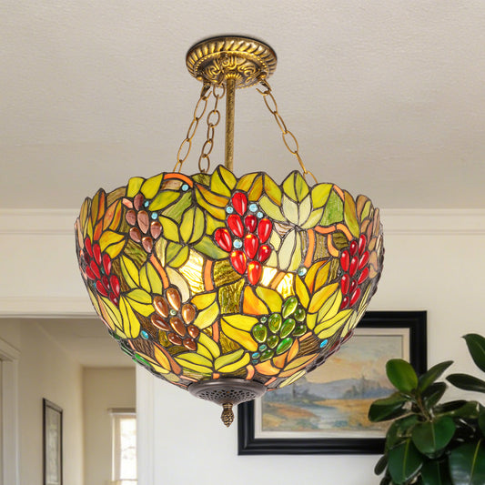 Colorful Grape & Leaf Pattern Stained Glass Chandelier, Glass & Iron Frame Ceiling Pendant Light with E26 Warm Bulbs Included